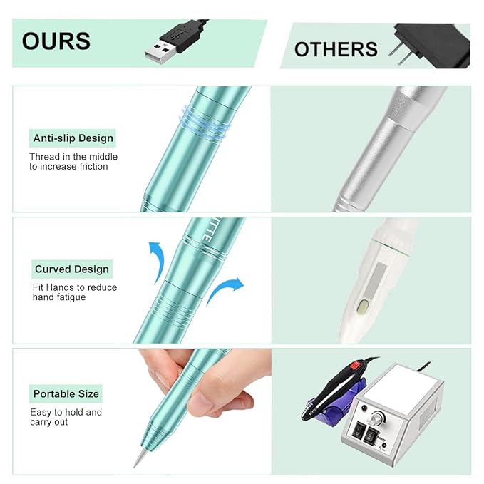 COSITTE Electric Nail Drill,USB Electric Nail Drill Machine for Acrylic Nail Kit,Portable Electric Nail File Polishing Tool Manicure Pedicure Kit Efile Nail Supplies for Home Salon,Green