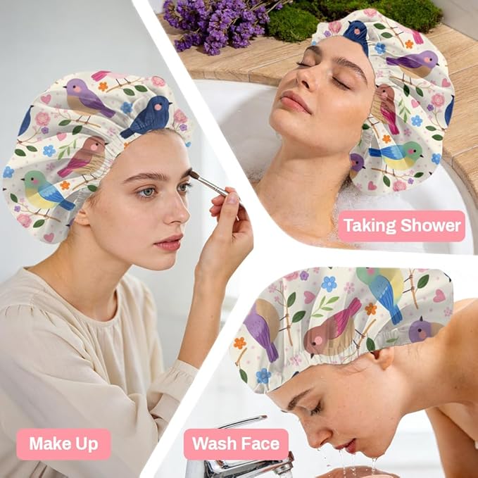 Bohemian Birds Flowers Reusable Shower Cap Cute Double Layer Waterproof Shower Caps Large Elastic Hair Cover Adjustable Hair - Drying Caps for Woman Bath SPA Travel One Size Fits Most