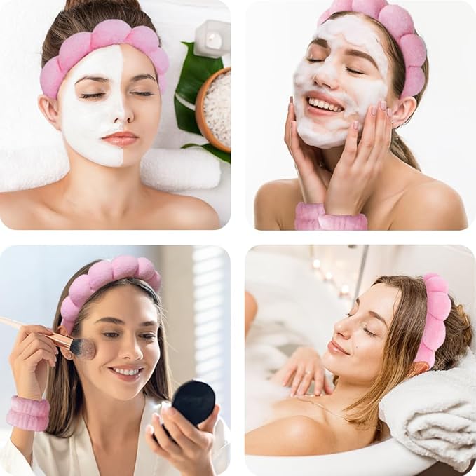 Tetizo Spa Headbands for Washing Face Wristband Set Sponge Makeup Skincare Headband Wrist Towels Bubble Soft Terry Towel Cloth Hairband for Women Puffy Headwear Non Slip Thick Hair Headwear (Pink)