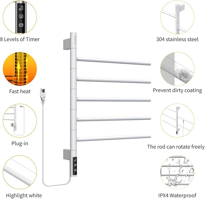 Z&Zhanle Heated Towel Racks for Bathroom - Warmers Rotating Electric Warmer with Built - in Timer, Hard-Wired/Plug-in,Whitek (White)