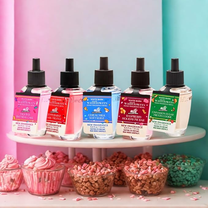Bath & Body Works Wallflowers Refills MILK BAR Collection 2025 5pc Gift Set w/ 30-Inch Metallic Gold & Silver Striped Bow – Birthday Cake, Cereal Milk, Raspberry Pie, Peppermint Bark & Cinnamon Sugar