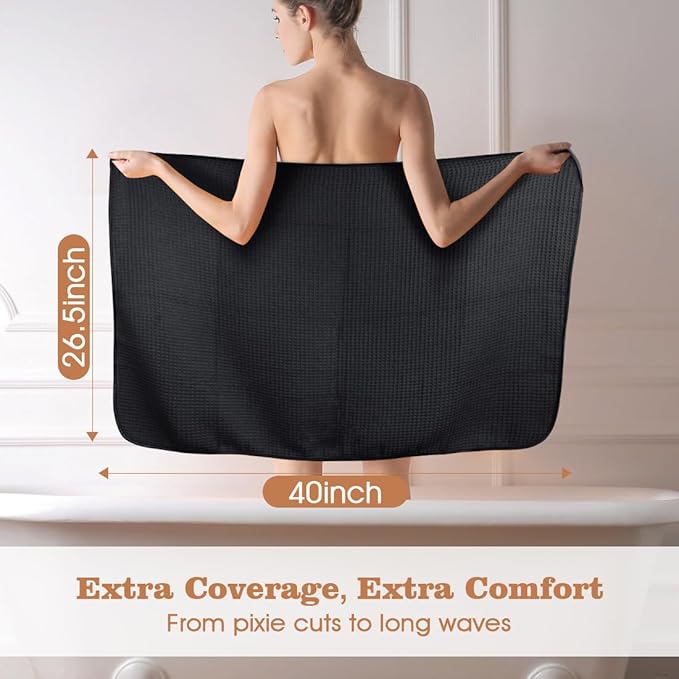 GLIMGLINT 2 Pack Black Microfiber Hair Towel Wrap for Long, Thick, Curly Hair, Super Soft, Fast Drying Waffle Hair Towel Wrap with Elastic Strap 40"X26.5"