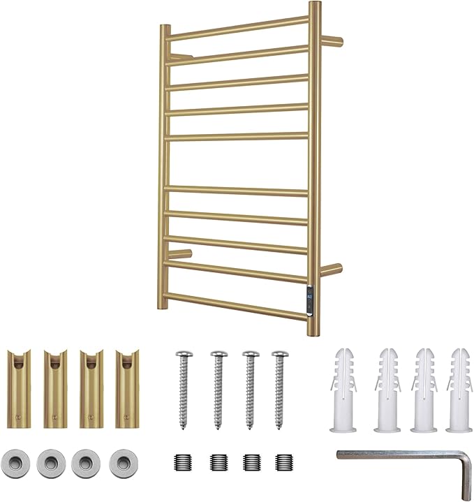 Heated Towel Racks for Bathroom, Wall Mounted Electric Towel Warmer Racks with Timer & Temperature Control, 10 Bar Stainless Steel Towel Heater for Bathroom (Round-Brushed Gold, 10 Bars)