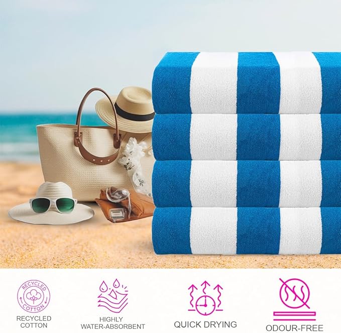 CASA COPENHAGEN Cabana Towel 4Pcs Cyan Designer Stripe Beach Towels Gift Set, 30"x60" Oversized 100% Cotton Pool Bath Towel for Beach Gift Set (Perfect Summer Gift Set for Women & Men)