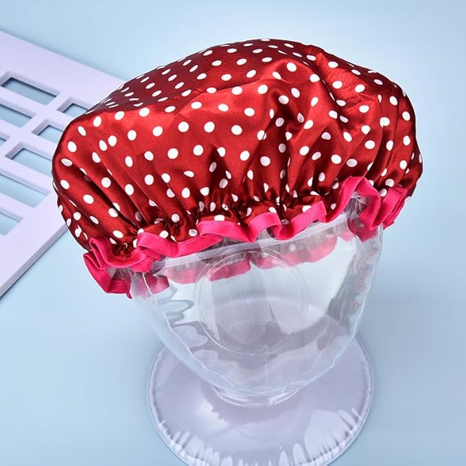 Christmas Red Polka Dot Shower Cap for Women Girls Vintage Polka Dot Shower Caps for Briads Womens Reusable Bathing Caps for Women Double Layer Waterproof Washable Bathing Cap for Thick Thin Hair