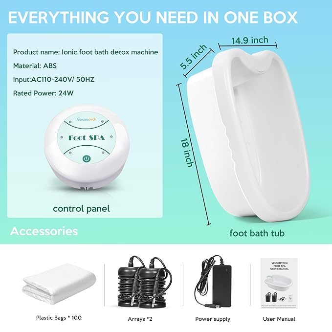 Veicomtech Ionic Foot Bath Detox Machine, Portable Foot Detox Machine for Salon, Ionic Foot Spa with auto 30 mins timer, Ion Foot bath Detox Machine with Basin, 2 Arrays and 100 Liners