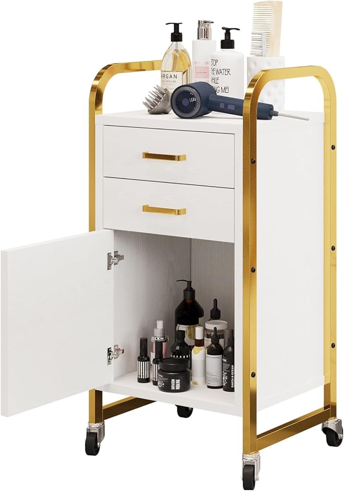 4ever2buy White and Gold Salon Trolley Cart with Wheels, Salon Cart with Drawers and Cabinet, Rolling Cart for Hair Stylist, Professional Salon Stations Organizer