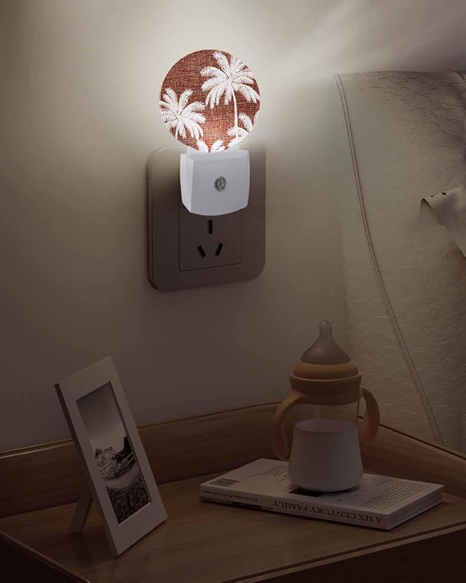 Night Lights Auto Sensor Tropical Palm Trees Night Light Brown Linen Coastal Round Lamp Plug-in LED Nightlights Dusk to Dawn for Living Room Bedroom Bathroom Hallway Wall Decor