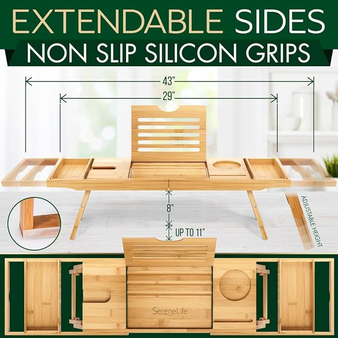 SereneLife Bath Caddy Breakfast Tray Combo with Gift Box-Natural Bamboo Wood Waterproof Bath Tub Caddy and Bed Tray with Folding Slide-Out Arms,Device Grooves,Wine Glass and Soap Holder
