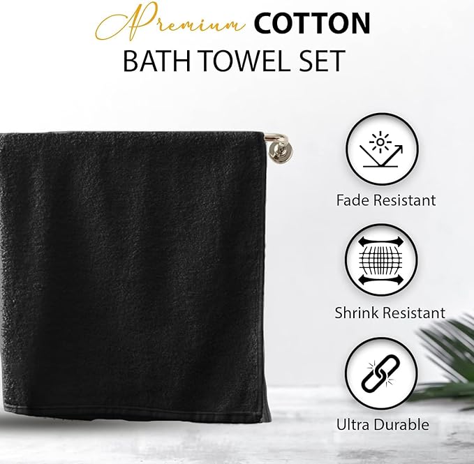 KAHAF COLLECTION 100% Cotton Bath Towels, 24x48 Pack of 6 Towels, Quick Dry, Highly Absorbent, Soft Feel Towel, Gym, Spa, Bathroom, Shower, Pool, Luxury Soft Towels (Black, 24x48-6 Pack)
