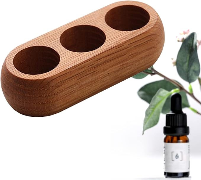 VolksRose Red Oak Essential Oil Organizer 5~20ml - 3 Bottle Wooden Oil Holder - Display Stand for Travel & Home, Storage Rack for Essential Oils, Nail Polish, Perfume, Compact Shelf for Tabletop