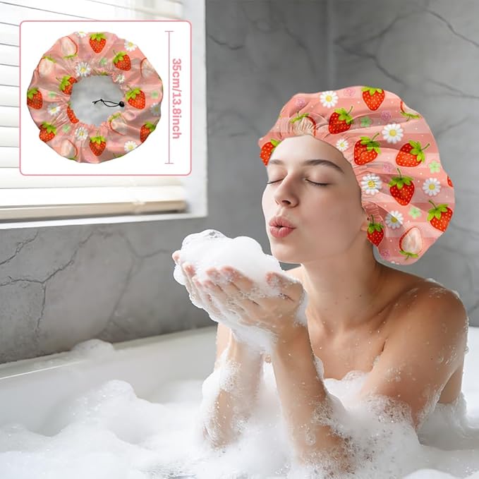Strawberries Reusable Shower Cap Cute Fruit Double Layer Waterproof Shower Caps Large Elastic Hair Cover Adjustable Hair - Drying Caps for Woman Bath SPA Travel One Size Fits Most