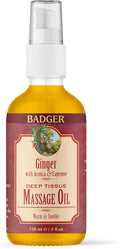 Badger Ginger Massage Oil, 100% Organic Massage Oil, w/Arnica Oil & Cayenne for Warming Soothing Deep Tissue Sore Muscle Relief, 4 fl oz Glass Bottle