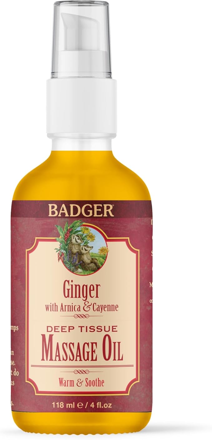 Badger Ginger Massage Oil, 100% Organic Massage Oil, w/Arnica Oil & Cayenne for Warming Soothing Deep Tissue Sore Muscle Relief, 4 fl oz Glass Bottle
