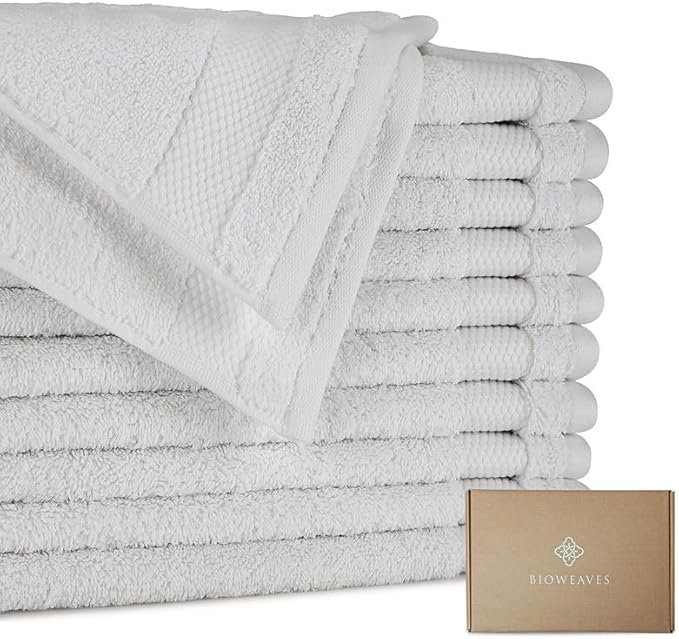 BIOWEAVES 100% Organic Cotton 700 GSM Luxury Wash Cloths GOTS Certified 13" x 13" Face Towel - Silver, Pack of 12