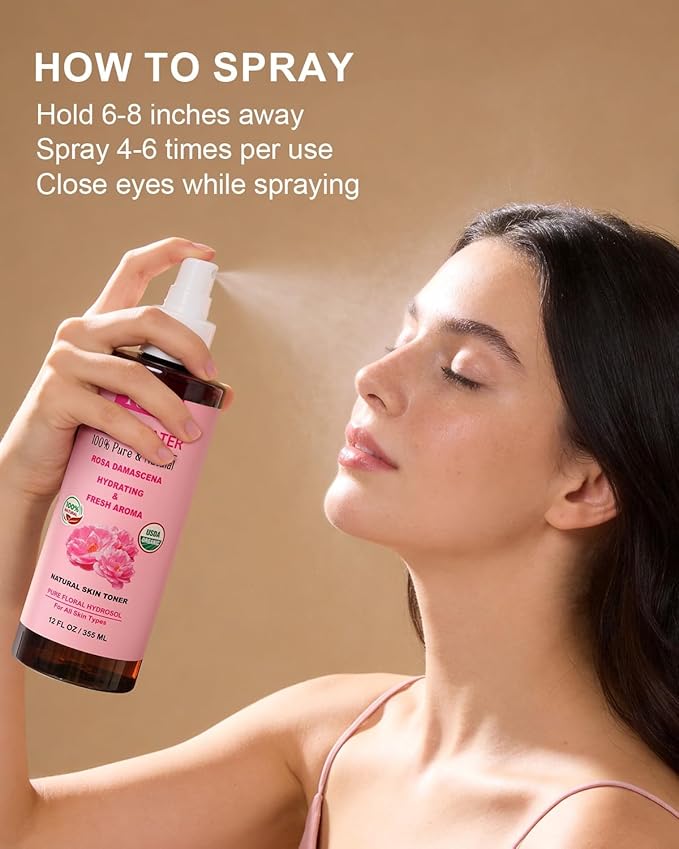 Yoken Organic Rose Water Spray for Face, 12 Fl Oz Fine Mist, Rosewater Face Mist with 100% Pure & Natural Rosa Damascena Rose Hydrosol, USDA Certified Organic, Alcohol Free, Vegan, No Dyes