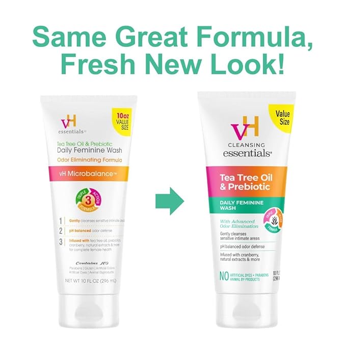 vH Essentials Daily Feminine Wash - 10 Fl Oz - Odor Eliminating Vaginal Wash with Tea Tree Oil, Prebiotics and Cranberry, gentle cleanser + pH balancing
