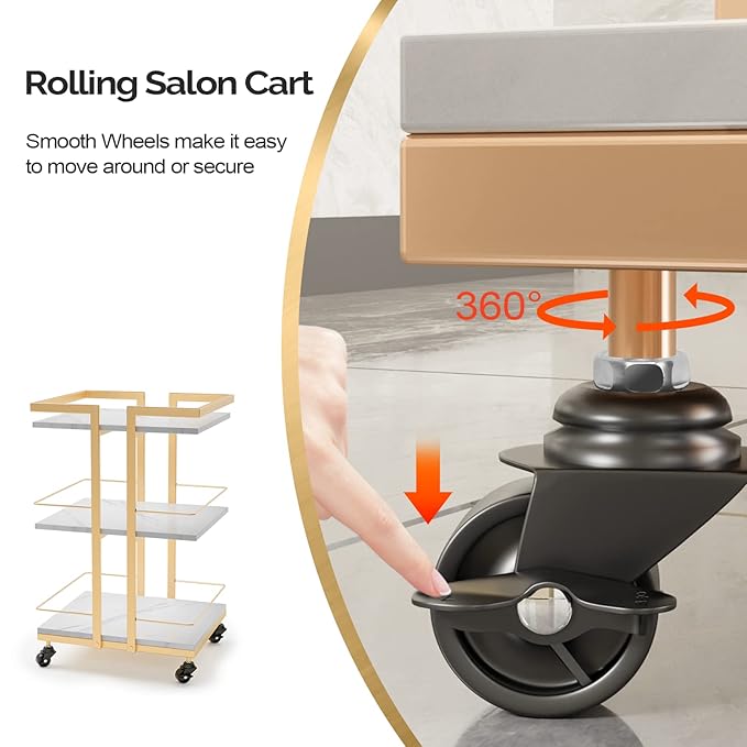 Esthetician Cart with Wheels Utility Salon Rolling Trolley, Gold Mobile Storage Organizer for Beauty Spa Cosmetology Massage, Tattoo Manicure Facial Tool Holder Station