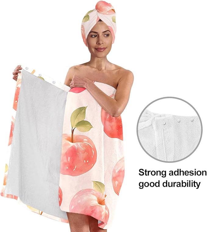 QIULIBMH Women’s Apple Print Bath Wrap and Hair Towel Set, Soft Absorbent Microfiber Quick-Dry Shower Body Skirt with Elastic Closure, Lightweight Spa Towel for Home, Gym & Travel (Apple 1)