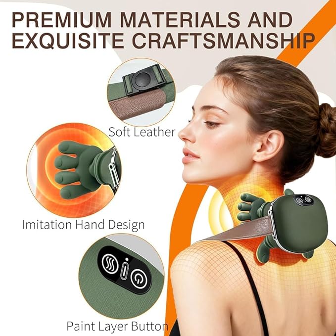 Neck and Back Massager with Fingers & Heat - for Pain Relief Deep Tissue, Real Touch Portable Electric Bionic Hand Shiatsu Cervical Head & Shoulder Massager Pillow for Muscle Relaxation, Gifts