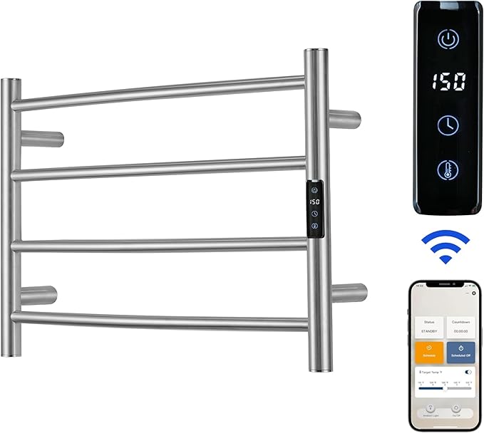 Electric Towel Rack with Voice Control for Alexa & Google Home,TUYA - Wall-Mounted Bathroom Heating Towel Warmer,Plug-in,Stainless Steel Material,16.54x23.62x5.51 in,Brushed，4 Bars