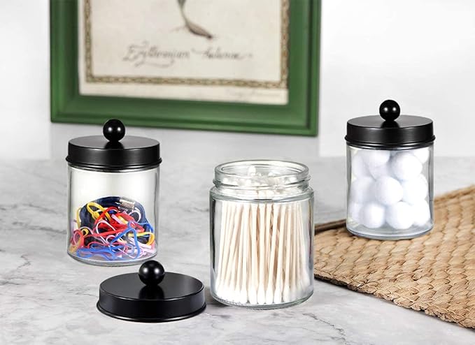 Amolliar 6Pc Apothecary Jars Bathroom Vanity Organizer- Rustic Farmhouse Decor Storage with Stainless Steel Lids- Qtip Dispenser Holder for Q-Tips, Cotton Swabs, Rounds, Ball, Flossers (Black)