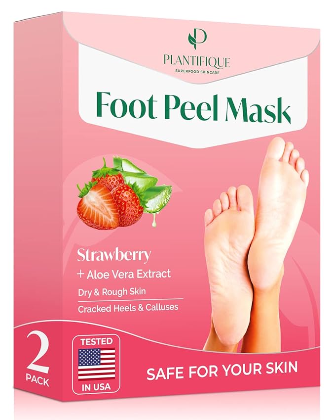 PLANTIFIQUE Foot Peeling Mask 2 Pack | Dermatologically Tested Repairs Heels & Removes Dry Dead Skin for Baby Soft Feet | Exfoliating Foot Peel Mask for Dry Cracked Feet | Strawberry