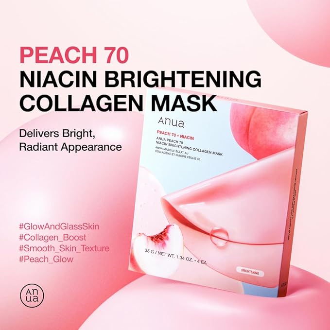 ANUA Peach 70 Niacin Brightening Collagen Mask, Overnight Face Mask for Glass Skin, Niacinamide, Elasticity, Even Skin Tone, Natural Color, Korean Skincare, 1.34 fl.oz/4ea