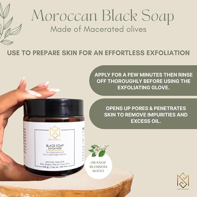 MS Moroccan Black Soap with Orange Blossom - Natural Skincare for Softening & Exfoliation, Removes Dry Skin and Impurities, Prepares Skin for Effortless Exfoliation, Paraben-Free, Cruelty-Free, 200g