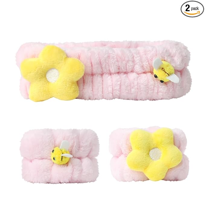 PERFECTSIGHT Kawaii Headband for Spa, Makeup, Washing Face, Party - 2 Pack Cute Hair Band for Shower Beauty Skincare, Soft Facial Headbands for Girls and Women (Pink Flower Bee)