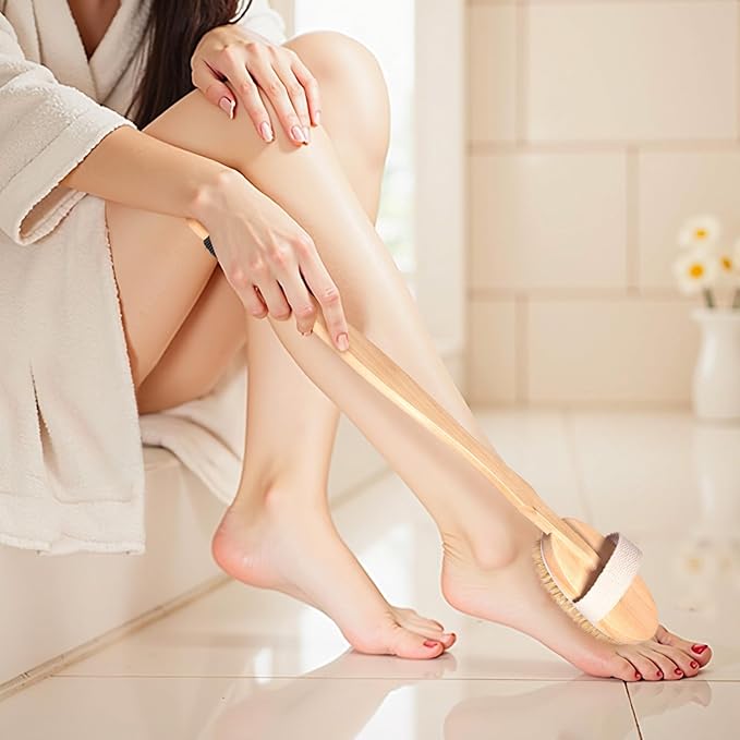 Wood Body Brush Set,19.3’’ Long Handle Bath Body Back Scrubber Soft & Stiff Bristles Detachable 2 Brush Heads Gentle Exfoliator Remove for Wet & Dry Use