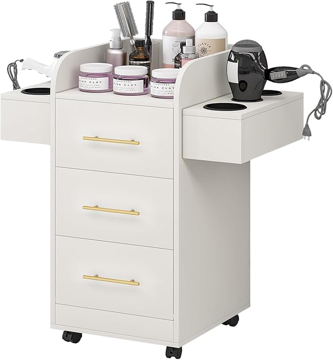 4ever2buy Rolling Salon Station for Hair Stylist, Salon Trolley Cart with with Wheels, Hair Stylist Beauty Barber Station, 6 Hair Dryer Holders & 3 Drawers, White and Gold
