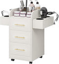 4ever2buy Rolling Salon Station for Hair Stylist, Salon Trolley Cart with with Wheels, Hair Stylist Beauty Barber Station, 6 Hair Dryer Holders & 3 Drawers, White and Gold