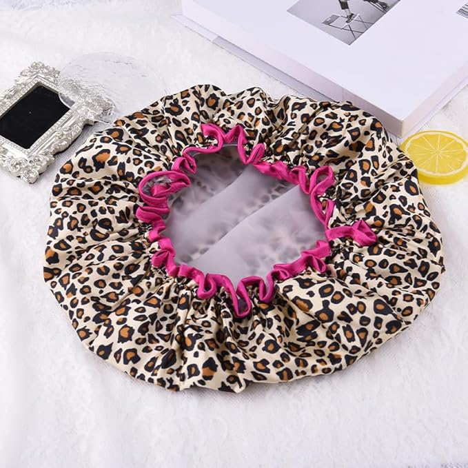 Vintage Leopard Print Shower Cap for Long Hair Braids Womens Fabric Waterproof Large Leopard Shower Caps for Women Washable Elastic Adjustable Bath Hair Caps for Washing Spa Bath Cap for Women Trendy