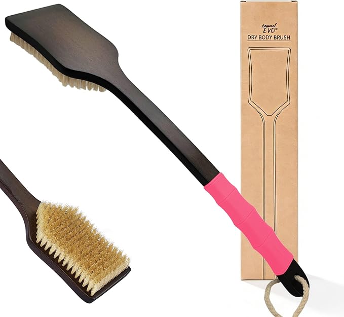 Back Scrubber Shower Brush,Dry Brushing Body Brush with 17.7 Inch Curved Long Handle, Natural Bristles for Lymphatic Drainage, Soft & Stiff Bristles Available (Pink Handle, Soft)