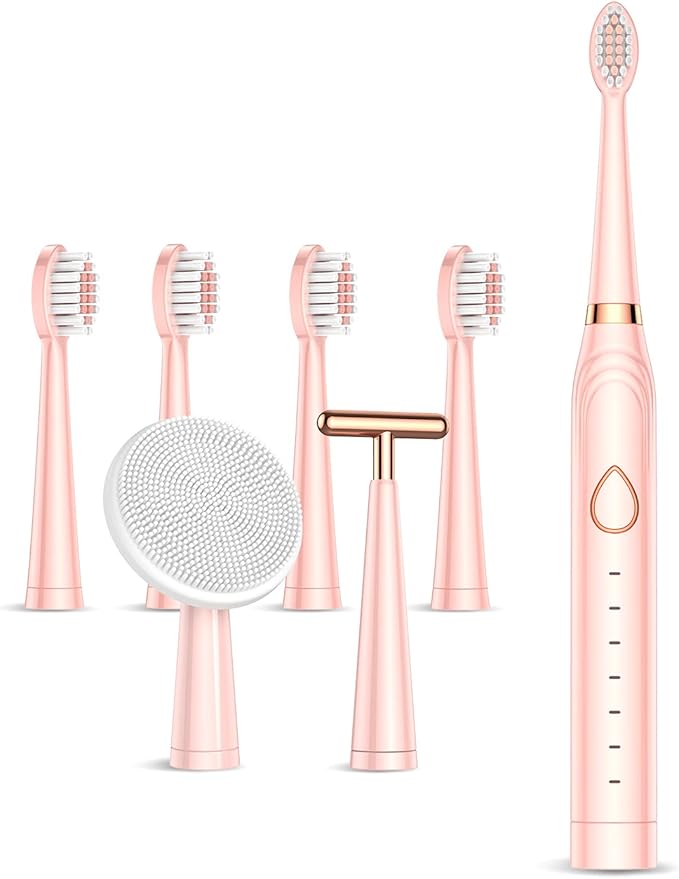 Sonic Electric Toothbrush, USB Rechargeable Powerful Sonic Cleaning Tooth Brush with 6 Modes, 5 Brush Heads + 1 Facial Cleansing Brush Head + 1 Face Massage Head Whitening Toothbrushes