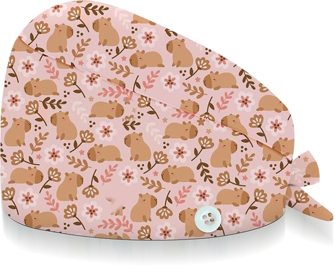 Adjustable Scrub Cap with Buttons & Sweatband, Working Hat with Elastic Tie Back, Unisex Nurse Surgical Caps for Women & Men