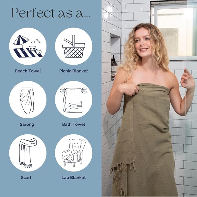 InfuseZen Stonewashed Turkish Bath & Beach Towel –100% Organic Turkish Cotton - Soft, Lightweight, Absorbent - Quick Dry, Sand Free - Swim, Pool, Shower, Travel - Peshtemal, Hammam Spa Towel - Khaki