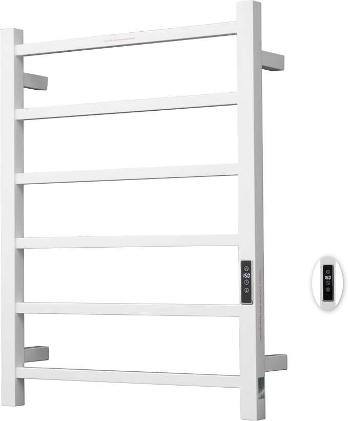 Heated Towel Racks for Bathroom, Wall Mounted Electric Towel Warmer Racks with Timer & Temperature Control, Stainless Steel Towel Heater for Bathroom (Square-White 6 Bars)