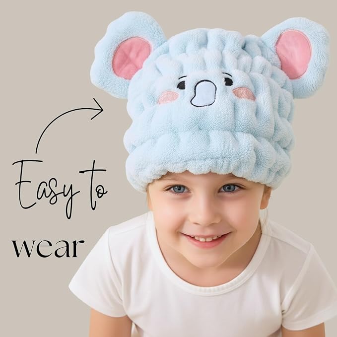 Microfiber Hair Towel Wrap for Kids, Blue Elephant Dry Hair Cap Suck Water, Absorbent Quick Girls Boys Hair Drying Towel, Lightweight Bouncy Hat Headscarf