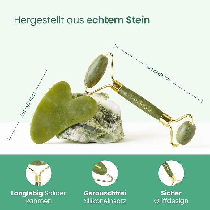 PLANTIFIQUE Jade Roller and Rose Quartz Face Roller with Gua Sha Facial Tools - Includes Real Roller and Gua Sha Set - Certified Face Roller and GuaSha for Your Skincare Routine