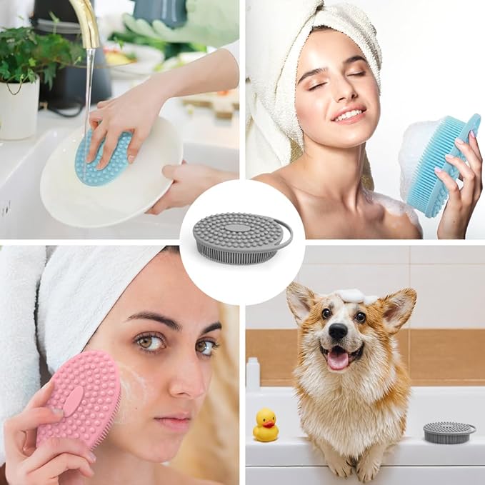 3 Pack Silicone Body Scrubber, Exfoliating Body Scrubber Fit for Sensitive and All Kinds of Skin, Soft Silicone Loofah for Women Men, Clean and Sanitary Rapid Foaming,Black,Blue,Gray