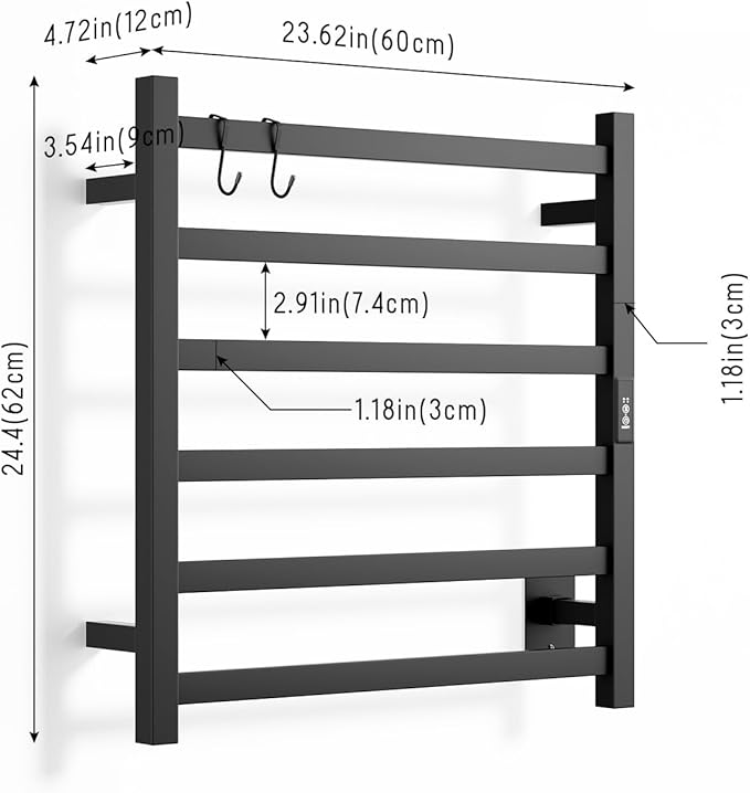 Wall Mounted Towel Warmer Square 6 Bars with Plug-in and Hardwired Options 3 Working Modes Black Stainless Steel 21" W 34" H