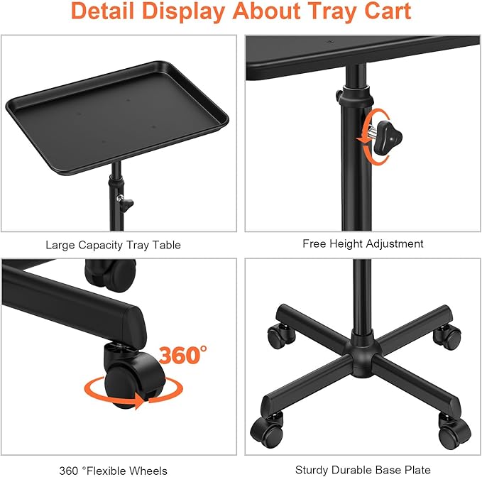 Salon Tray Cart Tattoo Tray Rolling Cart, Service Rolling Tray, Height Adjustable Styling Tray, Storage Tray Trolley for Beauty Salon Clinic Spa (Black)