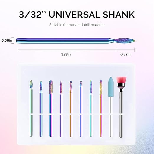MelodySusie 10pcs Nail Drill Bits Set, 3/32 Inch Diamond Cuticle Bits for Nail Drill E-File, Manicure Pedicure Remover Tools for Acrylic Gel Nails, Salon Home Use Nail Care Supplies, Rainbow