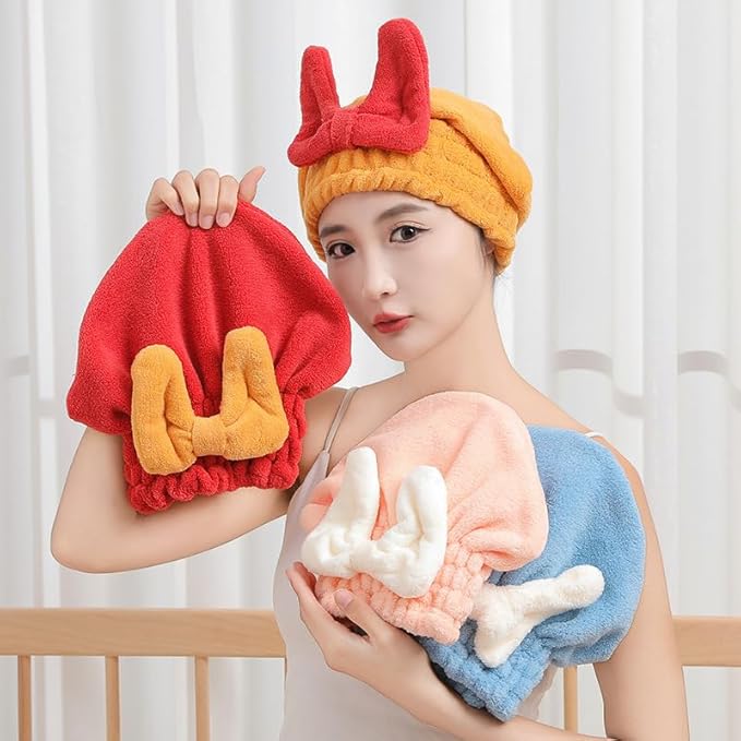 4Pcs Microfiber Hair Drying Cap,Ultra Absorbent Hair Towel Wrap Turban for Girls Women Soft Quick Dry Hair Towels with Bow Tie Shower Cap for Kids (Mixed Colors)
