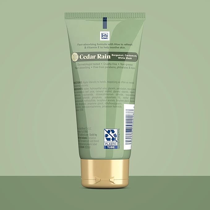 Gold Bond Hand Cream, Cedar Rain Refreshing Hand Cream with Aloe Vera to Refresh Skin and Vitamin E to Help Soothe the Skin, Comforting Cedar Rain Scent, 3 oz, 4 pk