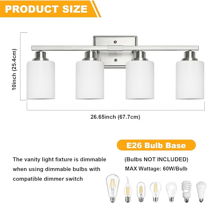 Unicozin 4-Light Bathroom Light Fixtures, Modern Brushed Nickel Vanity Light Over Mirror, Wall Sconces with Milky White Glass Shades for Living Room Bedroom Hallway E26 Base