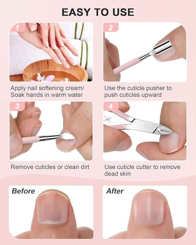 Cuticle Trimmer with Cuticle Pusher and Nail Clipper - 4 PCS Cuticle Cutter Nipper Remover Pedicure Manicure Tools, Professional Stainless Steel Dead Skin Clipper for Fingernails Toenails Pink