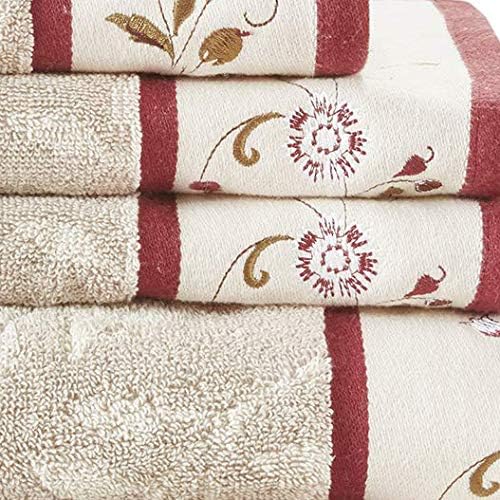 Madison Park Serene 100% Cotton Bath Towel Set Luxurious Floral Decorative Towels for Bathroom Embroidered Cotton Jacquard Design Soft Highly Absorbent for Shower 600 GSM, Multi-Sizes, Red 6 Piece